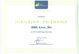 Jubilejno priznanje ob 20 obletnici podjetja Biro, d.o.o. Žiri ( www.biro-ziri.si )